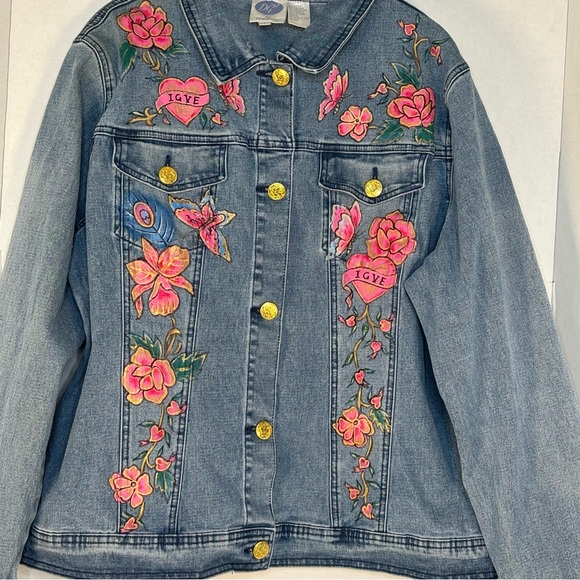 Diane Gilman Jackets & Blazers - DIANE GILMAN Dg2  Painted On Floral Denim Jacket with Pink Hearts&Flowers L